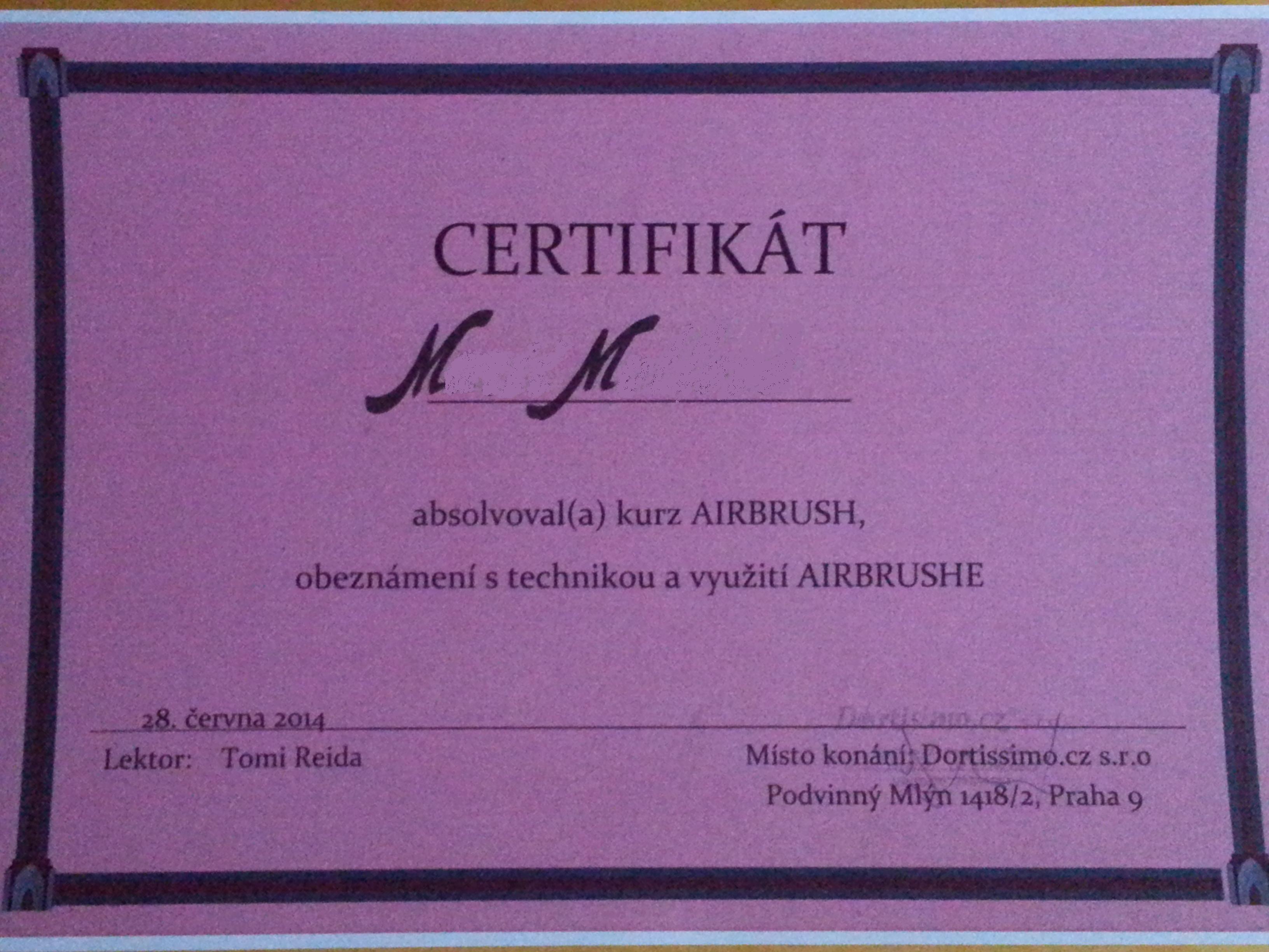 Certifikát. Kurz AIRBRUSH